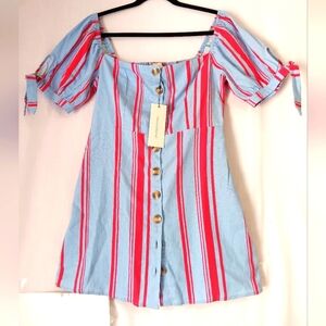 off-the-shoulder blouse buttons Full, sz M, linen blend,Tie balloon Sleeve,